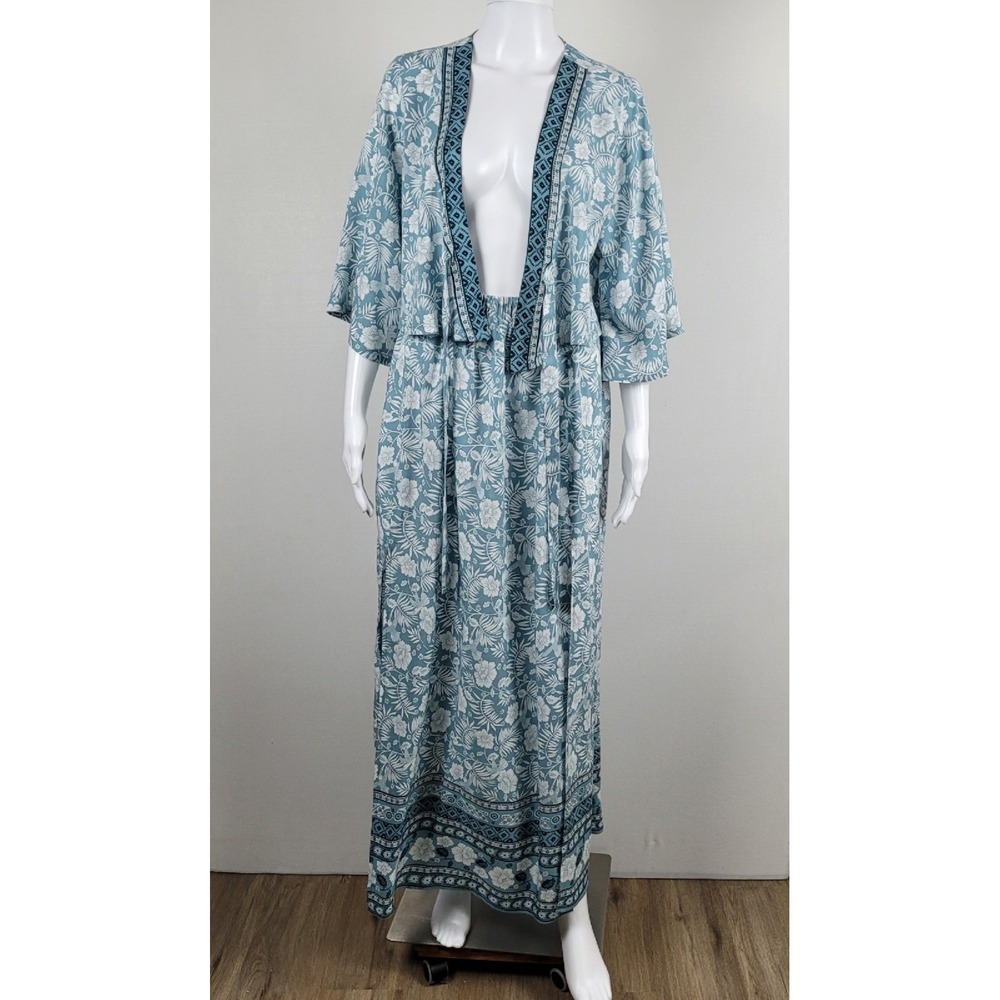 2 Piece Maxi Skirt Set Womens Blue Floral Hummingbird Excellent Boho - Large - Picture 3 of 12